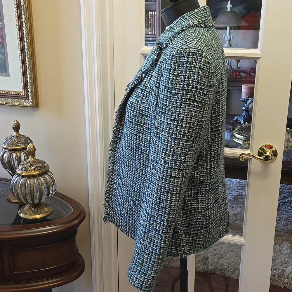 Liz Claiborne Teal Black Gray White Tweed Blazer Fringe Fully Lined 2 Pocket 12